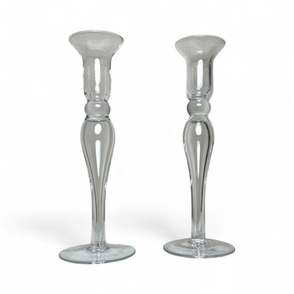 Vintage Glass Candle Holders Set Of 2 Clear Tall Elegant Design Taper Candle 10" - Picture 2 of 5